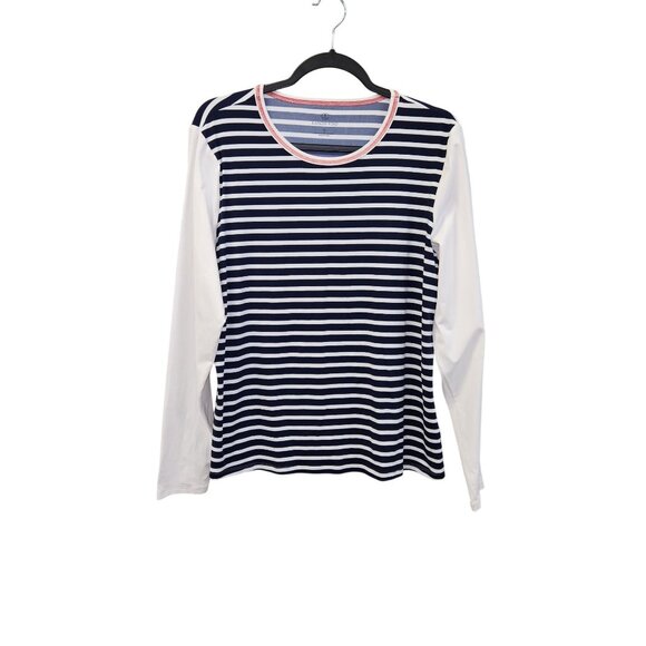 Lands End Womens Striped Long Sleeve Shirt XL Navy & White Stretch Cotton Blend - Picture 1 of 6